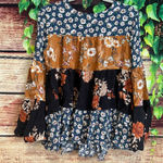 Ces Femme Floral Bell Sleeve Colorblock Tunic Women's Medium Top Blouse Blue Photo 0