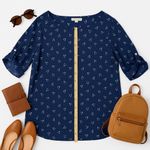 Rosie Pope Navy Wishbone Print Blouse XL Bow Tie Sleeve Soft Draped Top in EUC Blue Photo 2