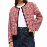 English Factory Pink Tweed Blazer LARGE Boxy Boucle Faux Leather Clueless $210 Photo 0