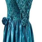Vintage 80s Lace Satin Fit & Flare Midi Dress Puff Sleeve Rosette Teal Womens 0 Blue Photo 1