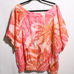 Pink AOP Flowers Floral Top Elastic Hem Retro Womens L Groovy Short Sleeve Boho Size L Photo 0