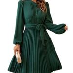 Buttons Long Sleeve Pleated Shirt Dress L Dark Green  Puff Sleeves Tie Belt NEW Photo 0
