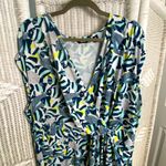 Lands' End Lands' End 3X Plus Blue Green Leaf Print Sleeveless Stretch Knit Wrap Dress Photo 3