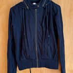 LUX Black Zip Up Hoodie Jacket Drawstring Waist Pleated Front Women's Photo 0