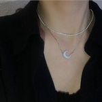 Boutique NEW Women's Opal Moon Pave Diamond Simulant Necklace 925 Silver White 16-18” Photo 2