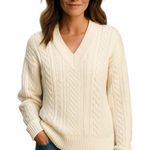 J.Crew  Aran Sweater Cable Knit V-Neck Pullover Cream XS tennis prep Scandi Chic Photo 0