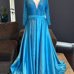 Women’s FullLength Blue Formal Prom Party Dress LegSlit Long Sleeve Size 8 NWOT Photo 0