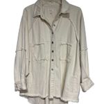 POL  Ivory Denim Jacket Frayed Raw Hem Star Applique Oversized Shacket L Photo 0