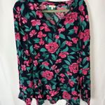 Talbots Women’s XL Navy Blue Pink Floral Blouse Classic Mature Work Office Photo 0