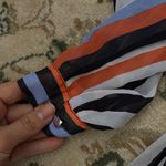 Bisou Bisou Striped Blue Orange Women's Top High Low Sheer Long Sleeve Coat Tail Photo 4