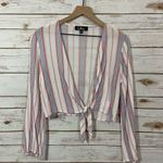 Lulus  Pippi Pink Striped Tie-Front Bell Sleeve Top - Medium Photo 11