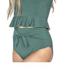 Janela Bay High Cut Waist Tie Bikini Bottoms‎ Olive Green Ribbed Size Large Photo 0