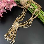 Vintage Unsigned Vendome Multistrand Faux Pearl Gold Mesh Chain Tassel Necklace Photo 0
