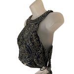 Madison James Navy Beaded Halter Prom Gown With Open Back Size 10 long 2 piece Photo 4