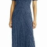 Pisarro Nights Illusion Beaded Mesh Column Gown Dark Teal Blue Size 2 NWT Photo 0