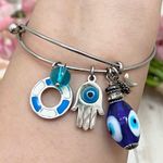Silver Evil Eye Hamsa Charm Bangle Bracelet Photo 1