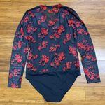 Tahari  Floral Bodysuit Womens Small Black Red Mesh Long Sleeve V‎ Neck Surplice Photo 3