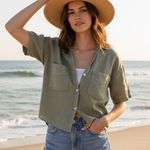 ZARA Green Cropped Relax fit Boxy Button Down Linen Shirt summer slouchy Sz XL Photo 0