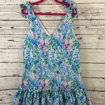Women's Kinder Smocks Blue Pink Floral Ruffle Tank Top L Size L Photo 0