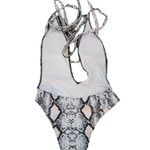 New Womens Super Sexy Snakeskin Print Plunge Neck One Piece Swimsuit Size Medium Gray Photo 1