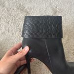 Coach Mackenna Ankle Boot High Heel Black Leather Embossed Logo Pattern Cuff Photo 10