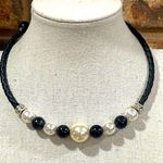 Vintage Braided leather and faux black and white pearl wrap necklace Photo 0