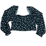 H&M Cropped Linen Smocked Top XL Black Floral Puff Sleeve Fairygoth Cottage Romantic Photo 1