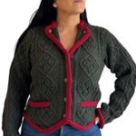 Lands’ End Vintage Shetland Wool Cardigan Green Pink Trim Cable Knit Jacket L Size L Photo 0