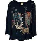 NEW Jess & Jane “City Pups” Black Dog Print Cotton Crewneck Top Size Small Photo 0
