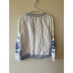 J Crew Bungalow White Linen Blue Embroidered Top Blouse Long Sleeve Eyelet Small Photo 1