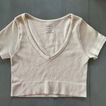 Ambiance Apparel Woman's Crop Top Size M/L Cream Ribbed V Neck Twee Brown Size M Photo 1