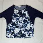 Dress Barn  | Navy & White Watercolor Print Baseball Tee Style Blouse | PM Photo 0