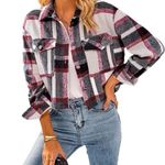Jacket Plaid Women’s Medium Red Gray Black Casual Light Button Down Cropped D1 Photo 0