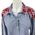 ZARA  Trafaluc Blue Red Floral Embroidered Striped Button Down Shirt Top Size L Photo 2
