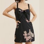 Free People Tie A Bow Mini Dress Black Pink Floral Velvet Trim. Size M Photo 1