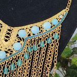 Boho Gold and Blue Fringe Necklace and Earring Set Photo 3
