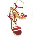 Gucci  Red White Canvas Leather Cork Wedge Summer Ankle Strap Platform Sandals 40 Photo 1