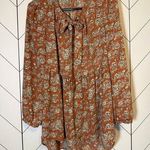 DR2 Women Small Rust White Floral High Low Bow Keyhole Flowy Babydoll Tunic Top Photo 0