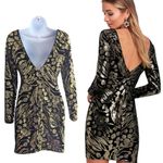 Dress the Population Lola Black Gold Sequin Velvet Long Sleeve Bodycon Dress M Photo 3
