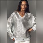 Pilcro Anthropologie  Foil Sherpa pullover in silver V-neck light gray knit trim Photo 1