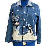 TANTRUMS Women’s Vintage Denim Winter Snowman Jacket Blue White Size Large Blue Photo 0