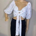 Love & Piece Strawberry Printed 5/8 Sleeve Waist Tie Crop Top White Pink Large Photo 1