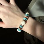 Beaded Plastic With Stone Style Stretchy Bracelet 6 1/2 Inch Blue Beige Brown Photo 0