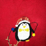 Lisa International Red Penguin Christmas Sweater Sequins and 3D Pom Poms Sz L Red Size L Photo 4