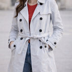 Gap  Women’s Blue Pinstriped Double Breasted Trench Coat Medium Belted Classic Photo 0