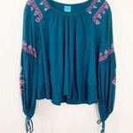 KAS Teal Floral Embroidered Boho Peasant Blouse Size L Photo 0