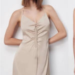 ZARA  Satin Ruched Beige Halter Tie Shift Mini Slip Dress Size‎ M NWT Photo 0