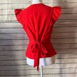 Lulumari  Women’s RED V Neck Eyelet Ruffle Edge Sleeve Blouse Size Medium Photo 3