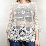 Offwhite Floral Crochet Lace 3/4 Sleeve Top with Fringe White Photo 0