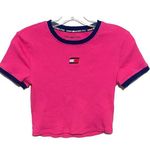 Tommy Hilfiger Sport Pink Crop Top Shirt Blue Contrast Sewn Logo Womens XS Photo 0